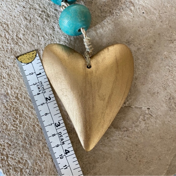 Large 22” mango wood beaded necklace with heart. Made in Philippines. - Picture 4 of 6